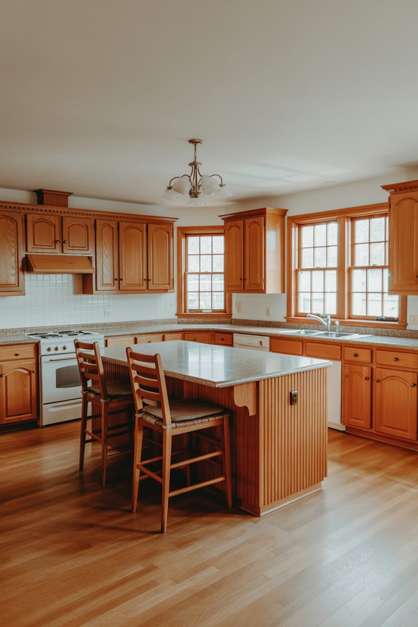 Honey oak kitchen with vibrant turquoise tile backsplash glass-front cabinets and white counters