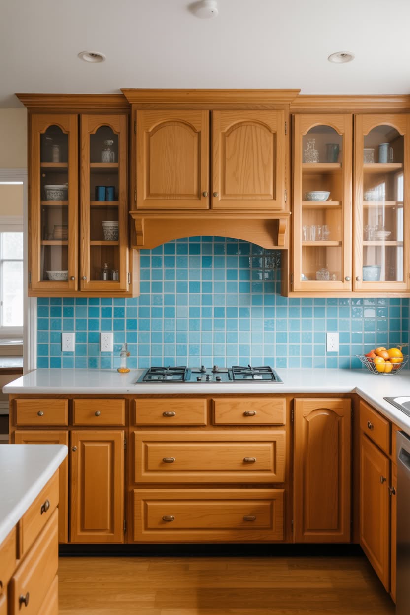 Large honey oak kitchen with center island bar seating and abundant natural light
