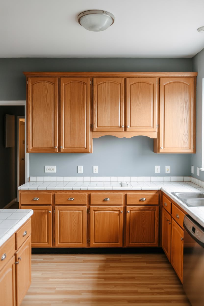 Honey oak kitchen with sage green walls white tile counters and arched cabinet doors