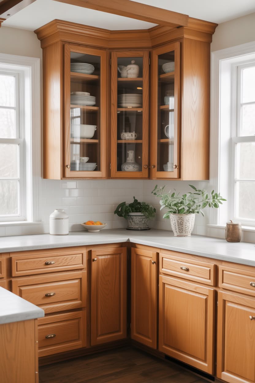 Corner honey oak kitchen featuring angled glass-front display cabinet with white countertops