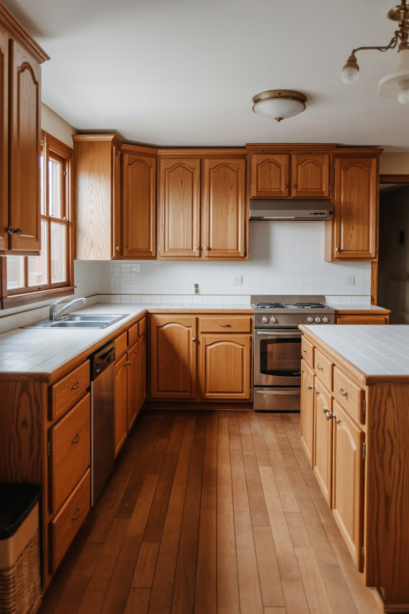U-shaped honey oak kitchen with white tile backsplash stainless appliances and wood trim windows
