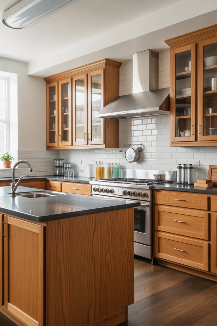 Honey oak kitchen with glass-front upper cabinets white subway tile and modern range hood