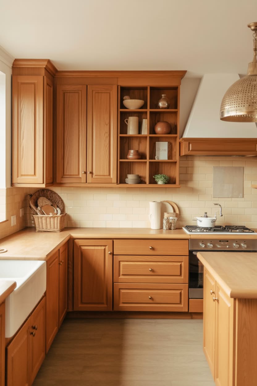 Cohesive honey oak kitchen with matching wood floors counters and open shelving display