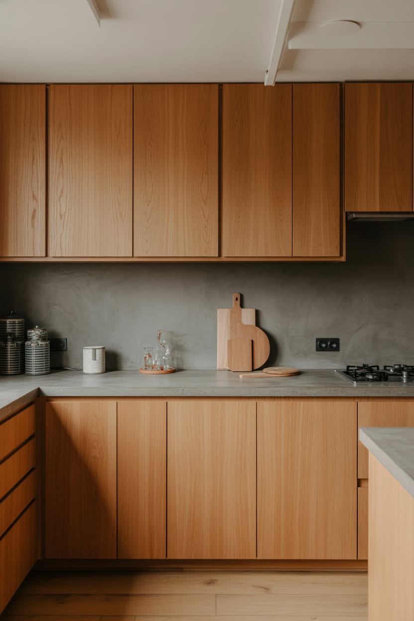 Simple honey oak kitchen with flat panel upper cabinets concrete-look counters and minimal styling
