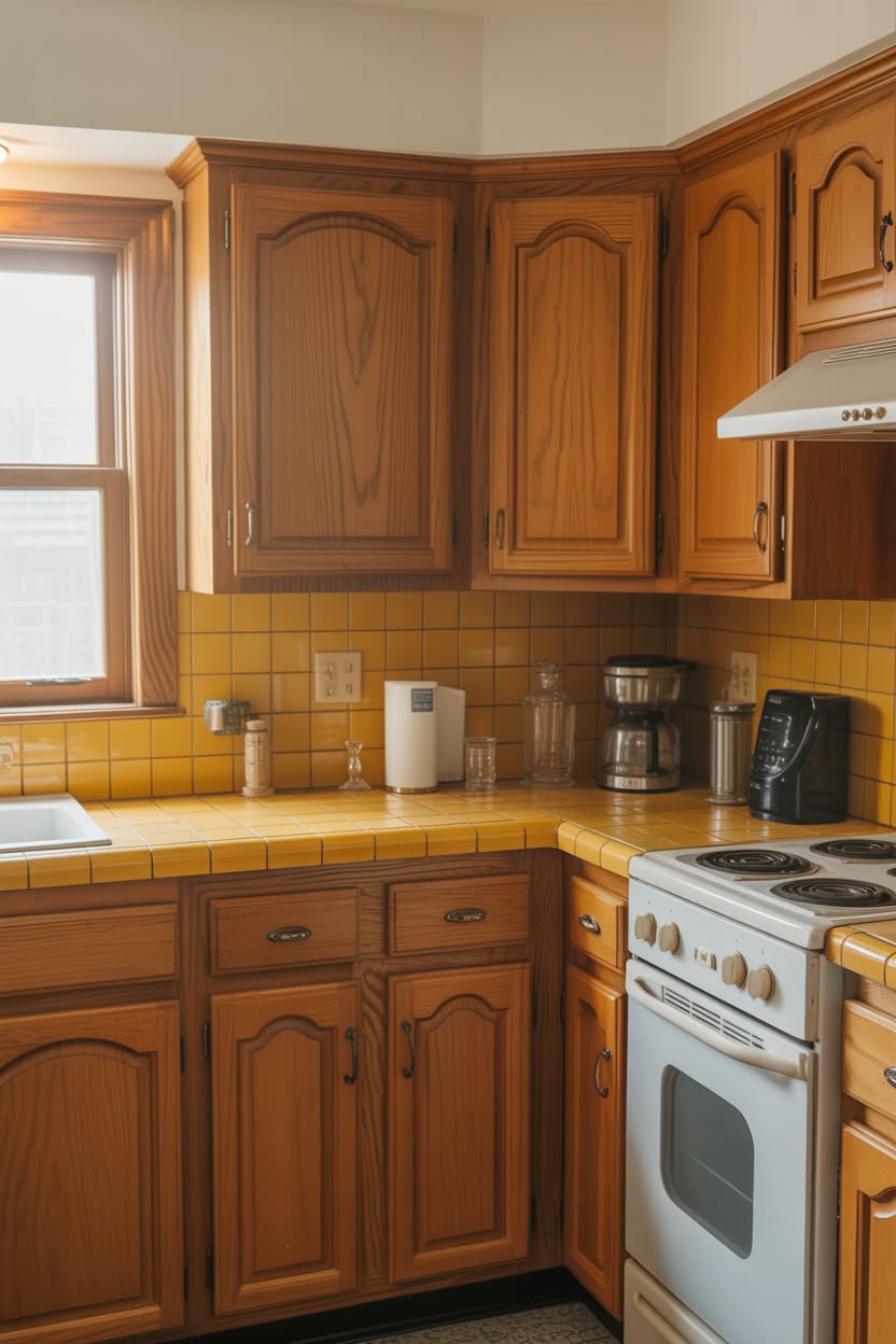 Cheerful honey oak kitchen with golden yellow tile counters and backsplash creating warm atmosphere