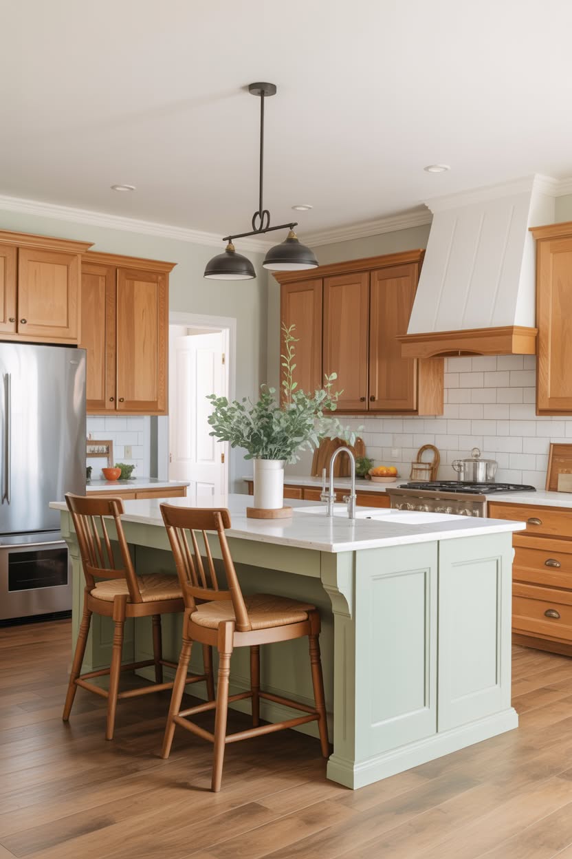 Honey oak kitchen with painted mint green island creating fresh two-tone cabinet look