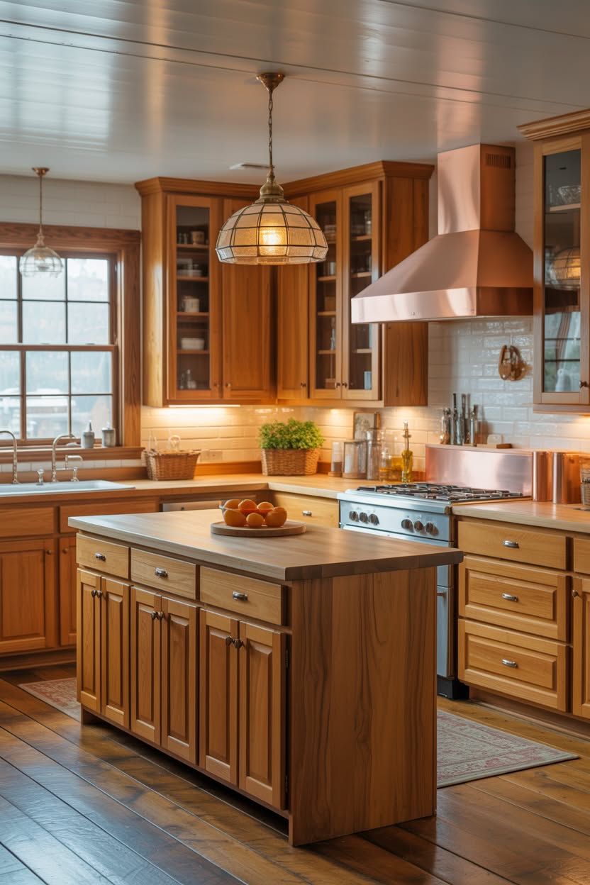 Honey oak kitchen with wood island vintage industrial pendant lights and white subway tile