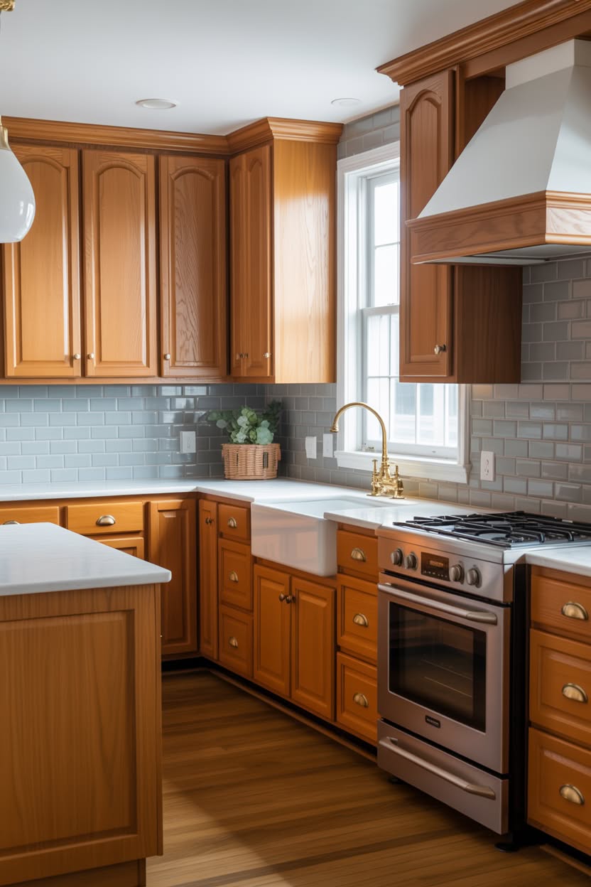 L-shaped honey oak kitchen with sage green walls white tile counters and efficient layout
