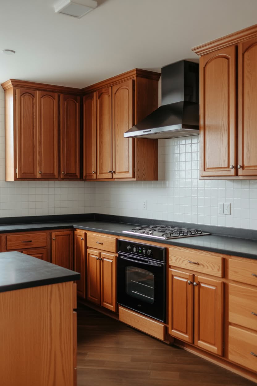Traditional honey oak kitchen with white subway tile black counters and glass display cabinets