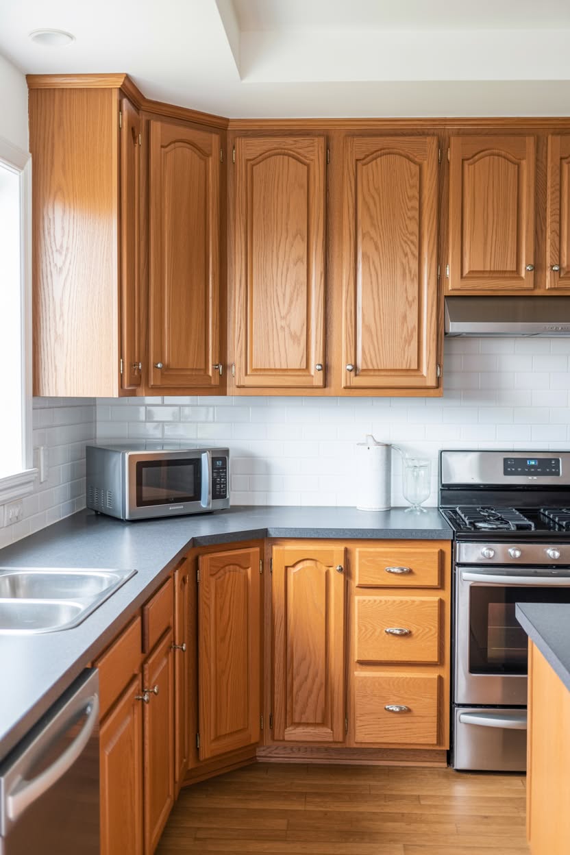 Contemporary honey oak kitchen with gray subway tile backsplash and streamlined cabinet design