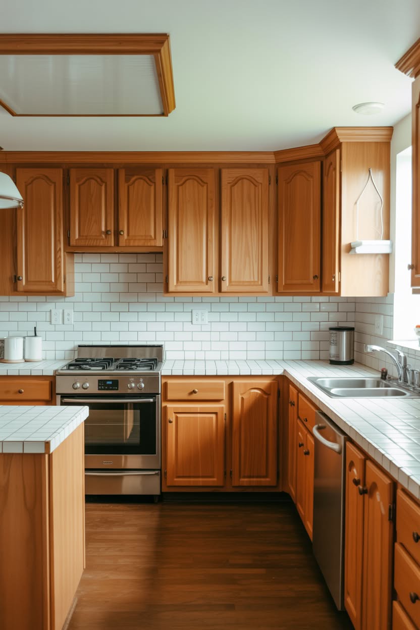Honey oak kitchen featuring dark countertops white subway tile and traditional arched cabinet doors