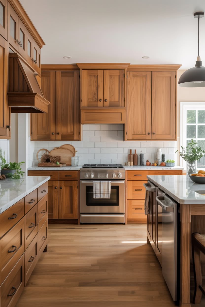 Contemporary honey oak kitchen with shaker style cabinets white subway tile and modern appliances