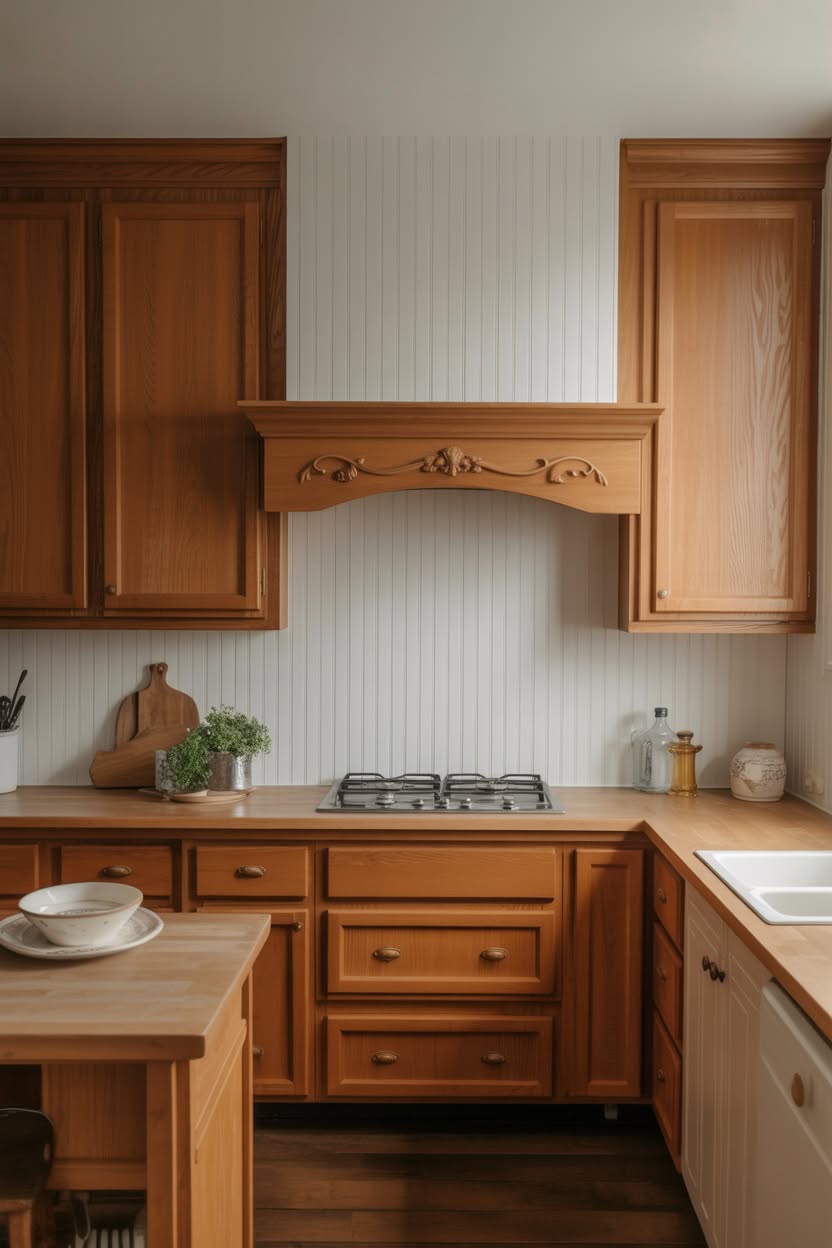 Honey oak kitchen featuring ornate carved wood range hood with beadboard backsplash