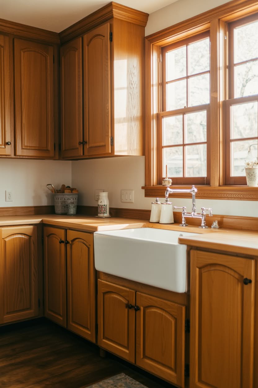 Corner honey oak kitchen with white farmhouse sink and traditional arched cabinet doors