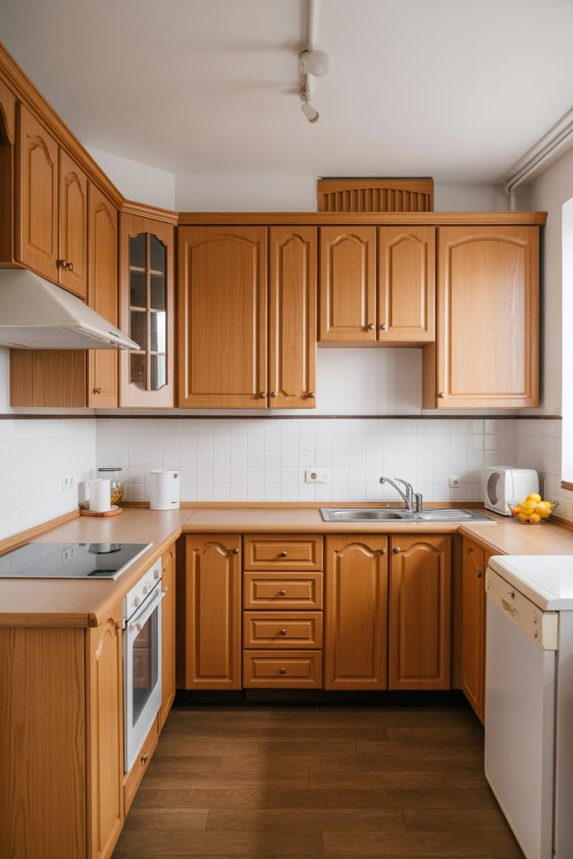 Small U-shaped kitchen with honey oak cabinets white tile counters and white appliances