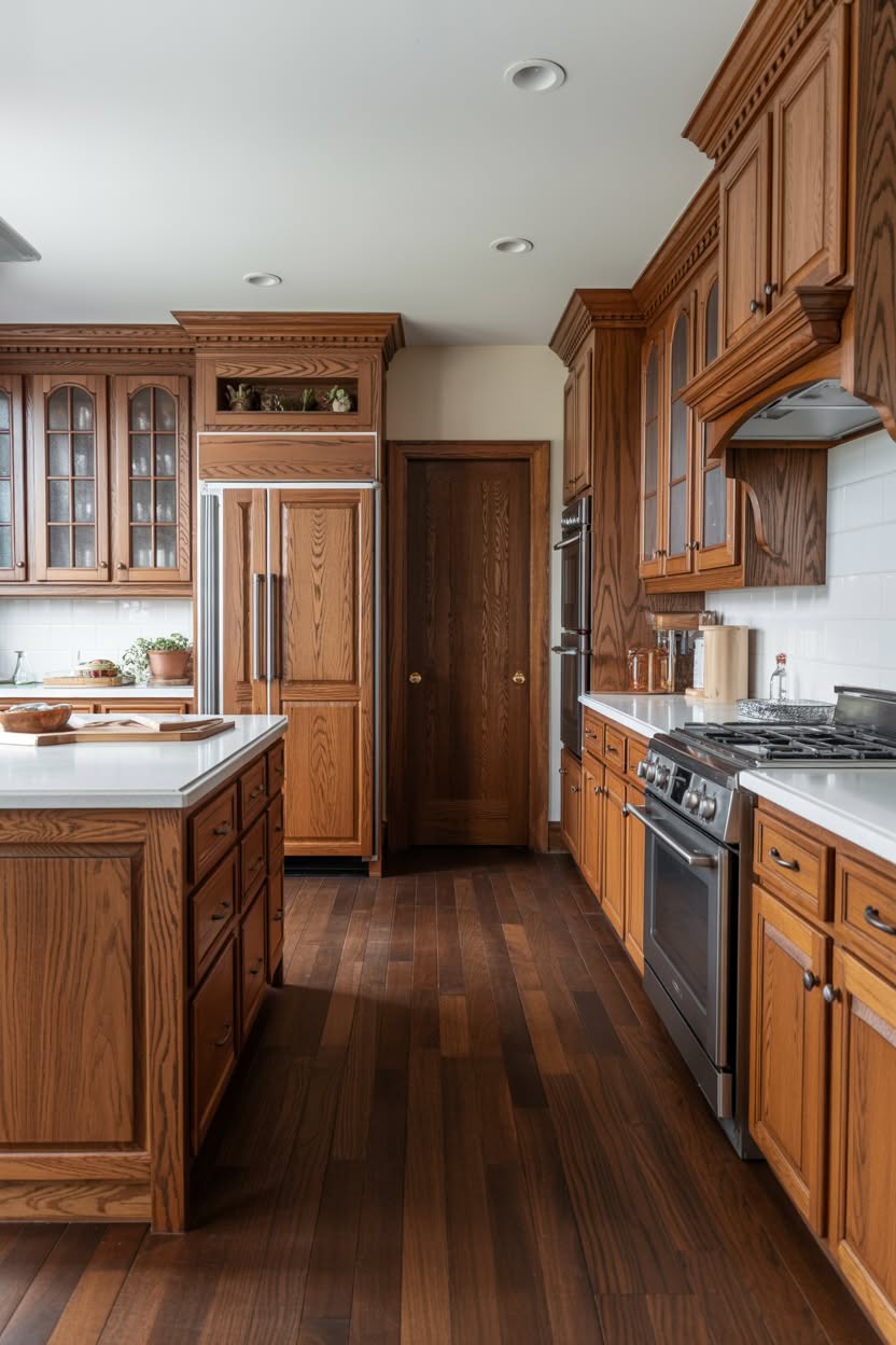 Spacious honey oak kitchen with glass-front cabinets custom refrigerator panel and island