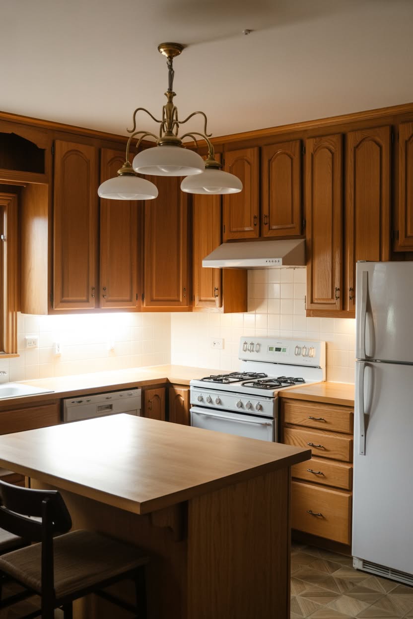 Traditional honey oak kitchen with vintage brass chandelier white tile backsplash and gas range