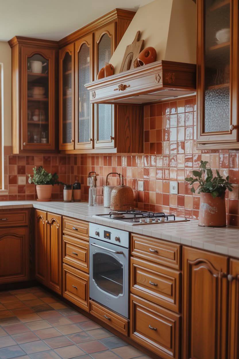 Honey oak kitchen with terracotta mosaic tile backsplash glass-front cabinets and decorative hood