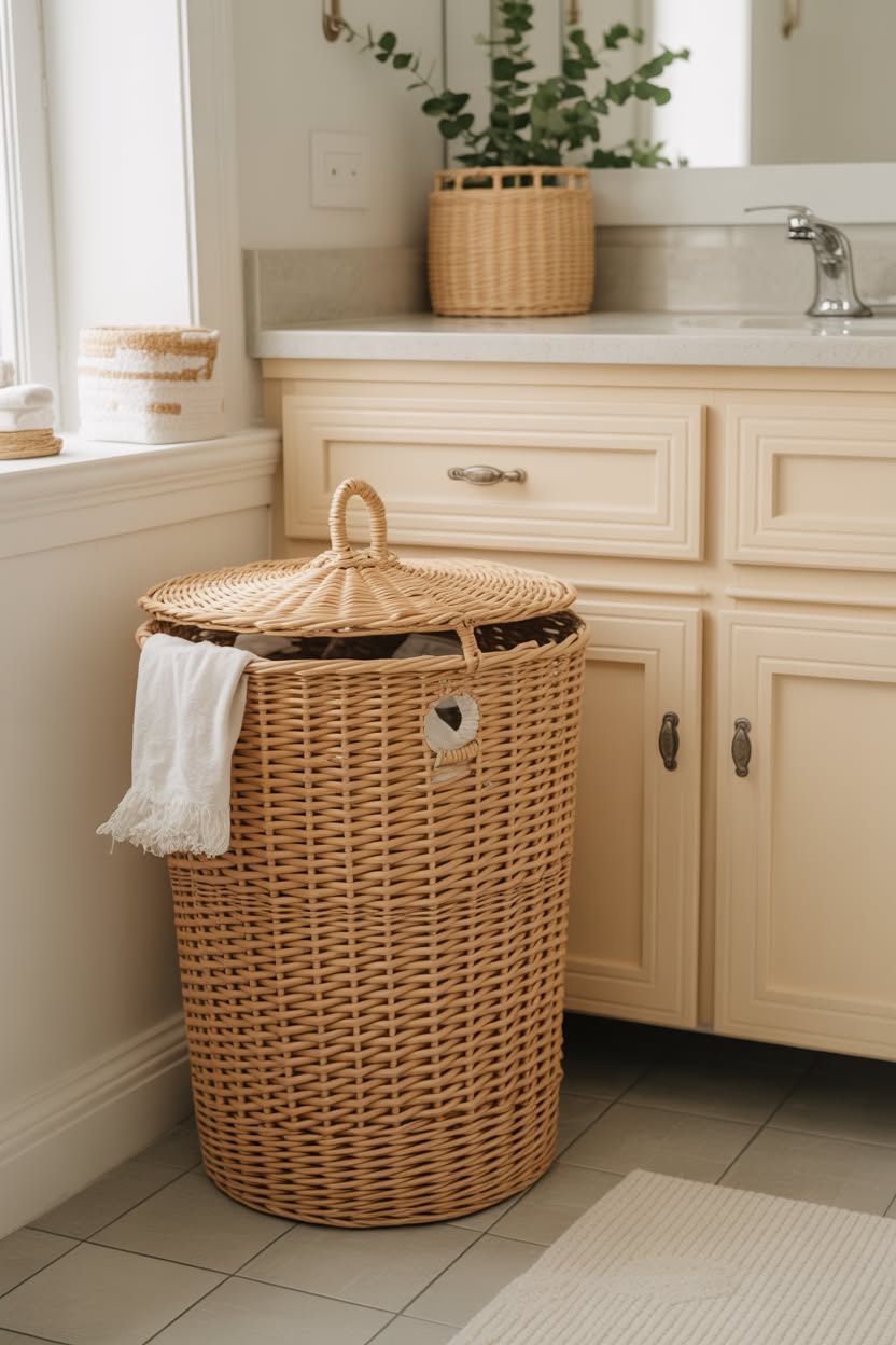 Bathroom corner with round woven hamper basket with heart cutout