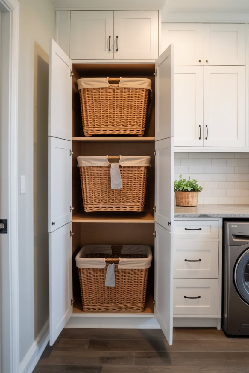 Built-in white cabinet with three large woven baskets inside