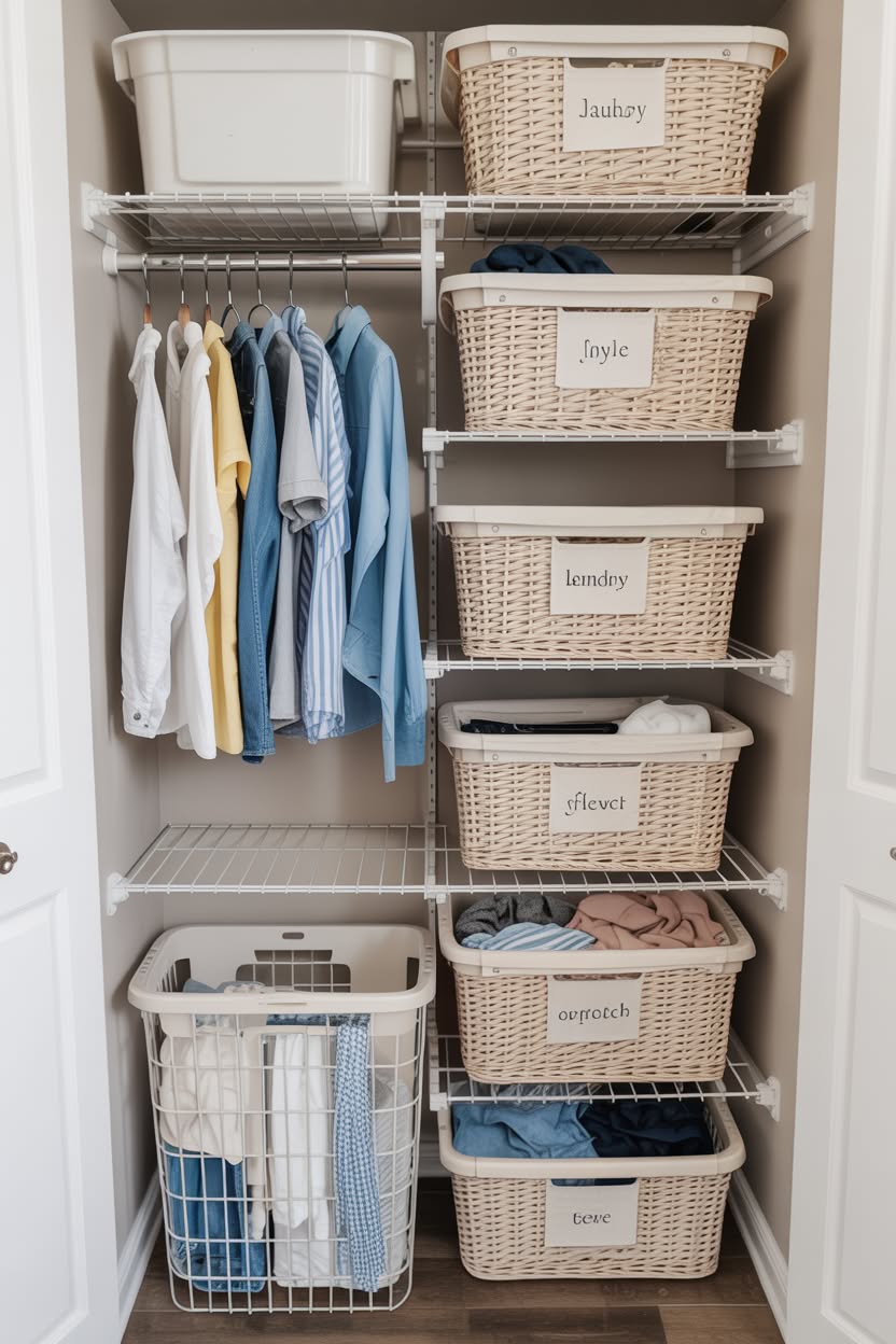 Wire shelving closet system with multiple labeled woven baskets and hanging clothes