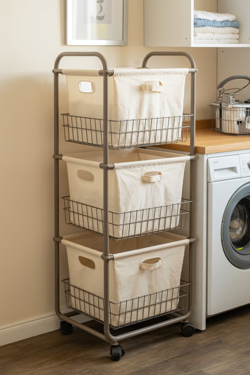 Three-tier rolling laundry cart with canvas bags in wire frames