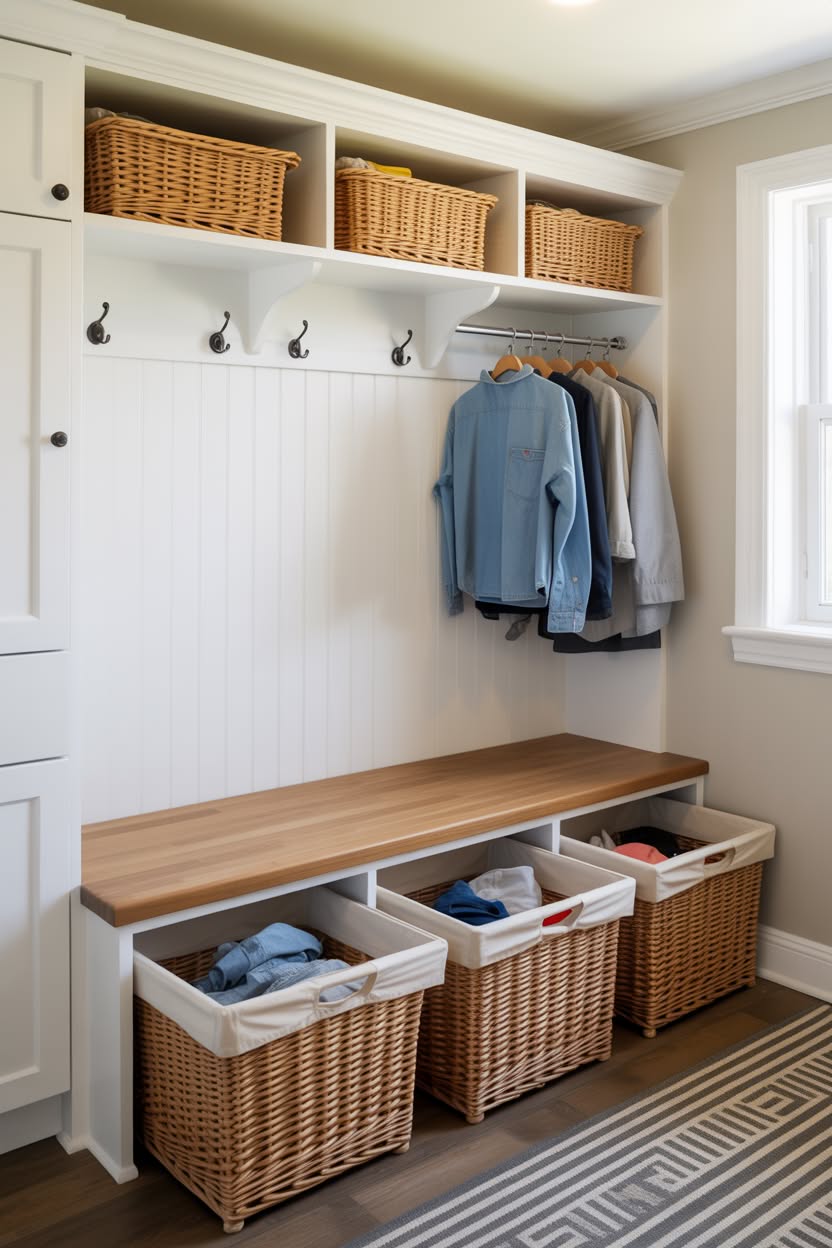 White mudroom bench with woven basket drawers underneath and hanging clothes above