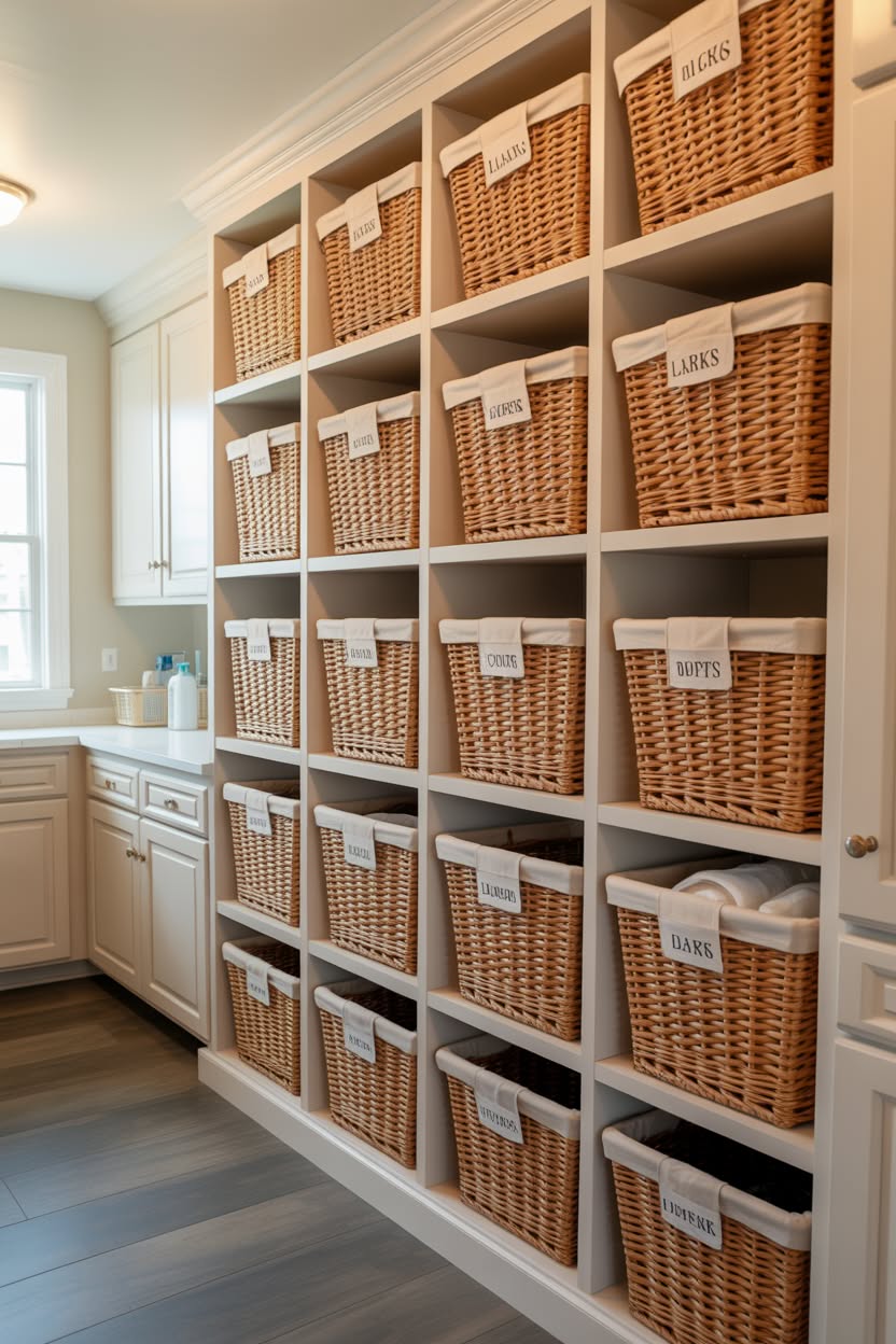 Large built-in cubby system filled with labeled woven baskets for laundry sorting