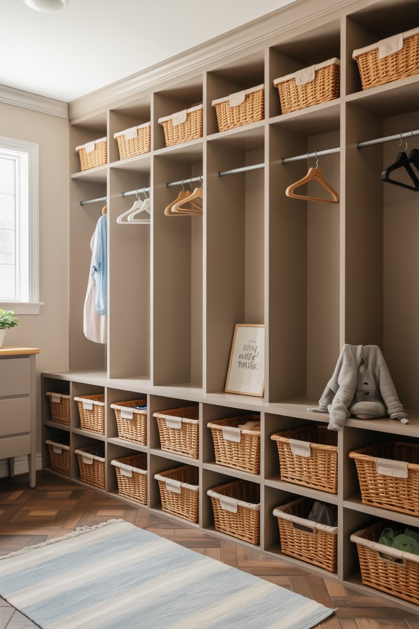 Mudroom with built-in cubbies featuring woven baskets and hanging clothes