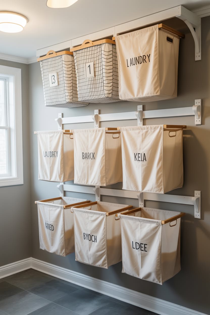 Wall-mounted laundry sorting system with personalized canvas bags