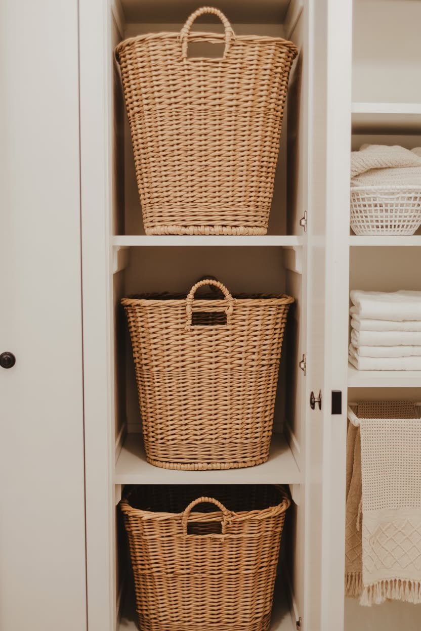 Closet shelving with three stacked woven laundry baskets