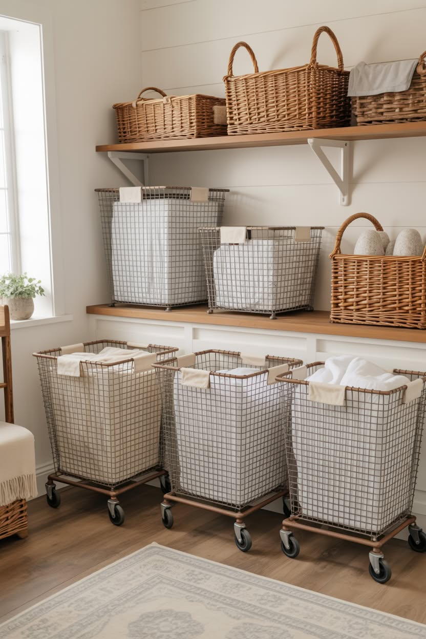 Laundry room with open shelves featuring woven baskets and wire bins on wheels
