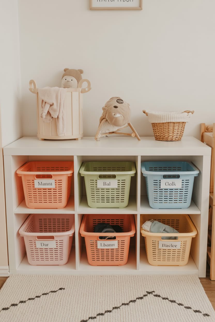 Kids room storage unit with colorful labeled plastic baskets