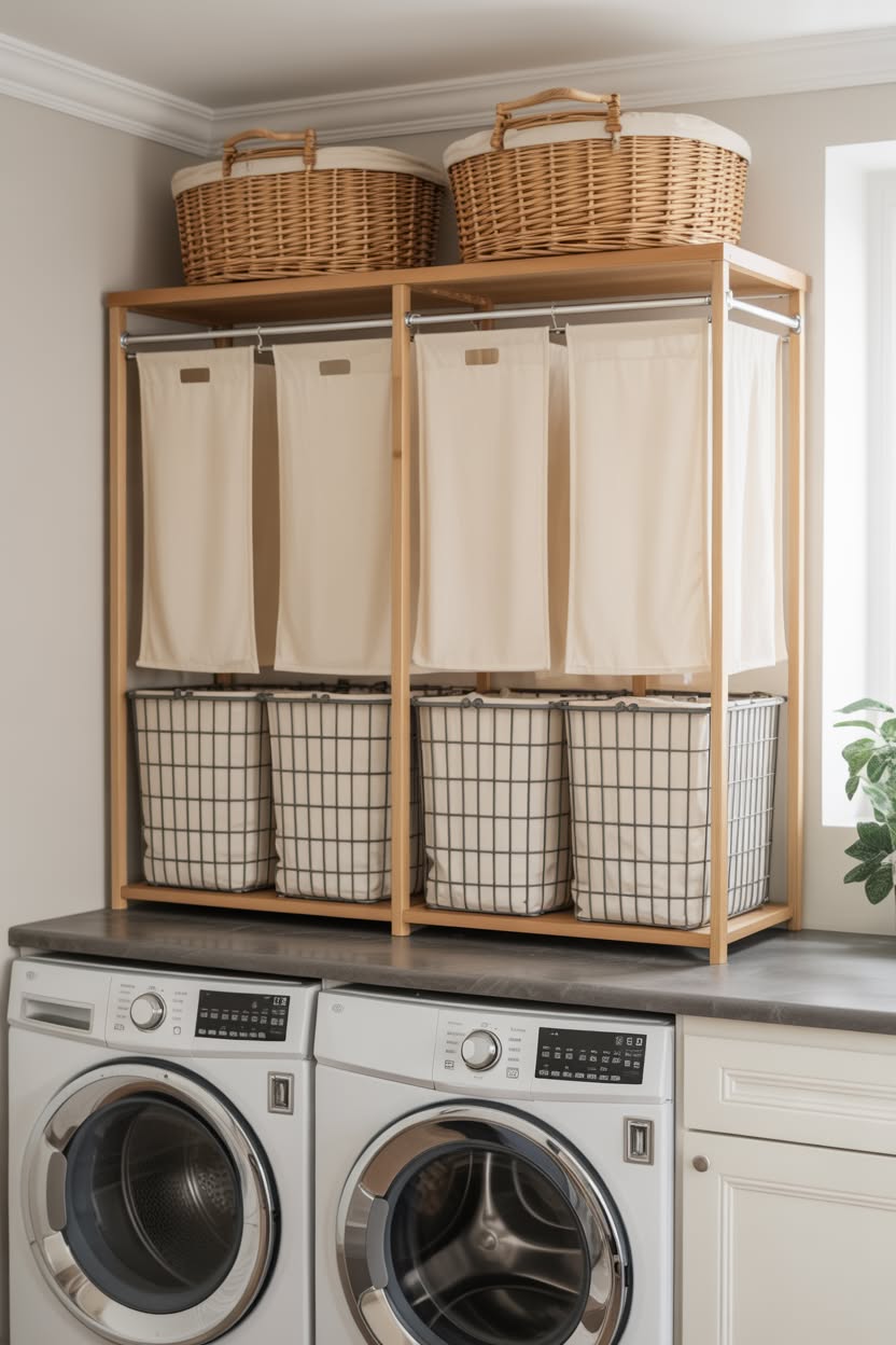 Bamboo frame laundry sorter with three canvas bags and woven baskets on top