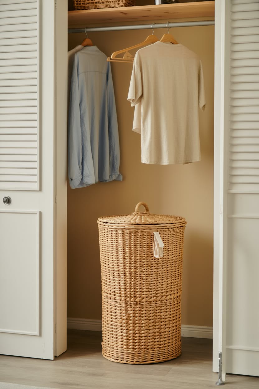 Closet corner with tall woven hamper basket with lid