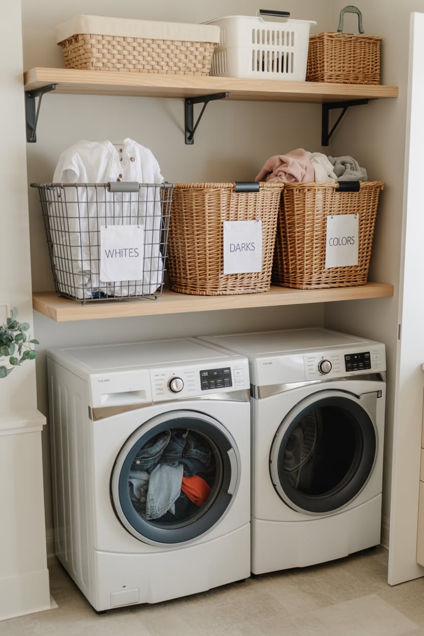 Laundry area with floating shelves above washer featuring labeled sorting baskets