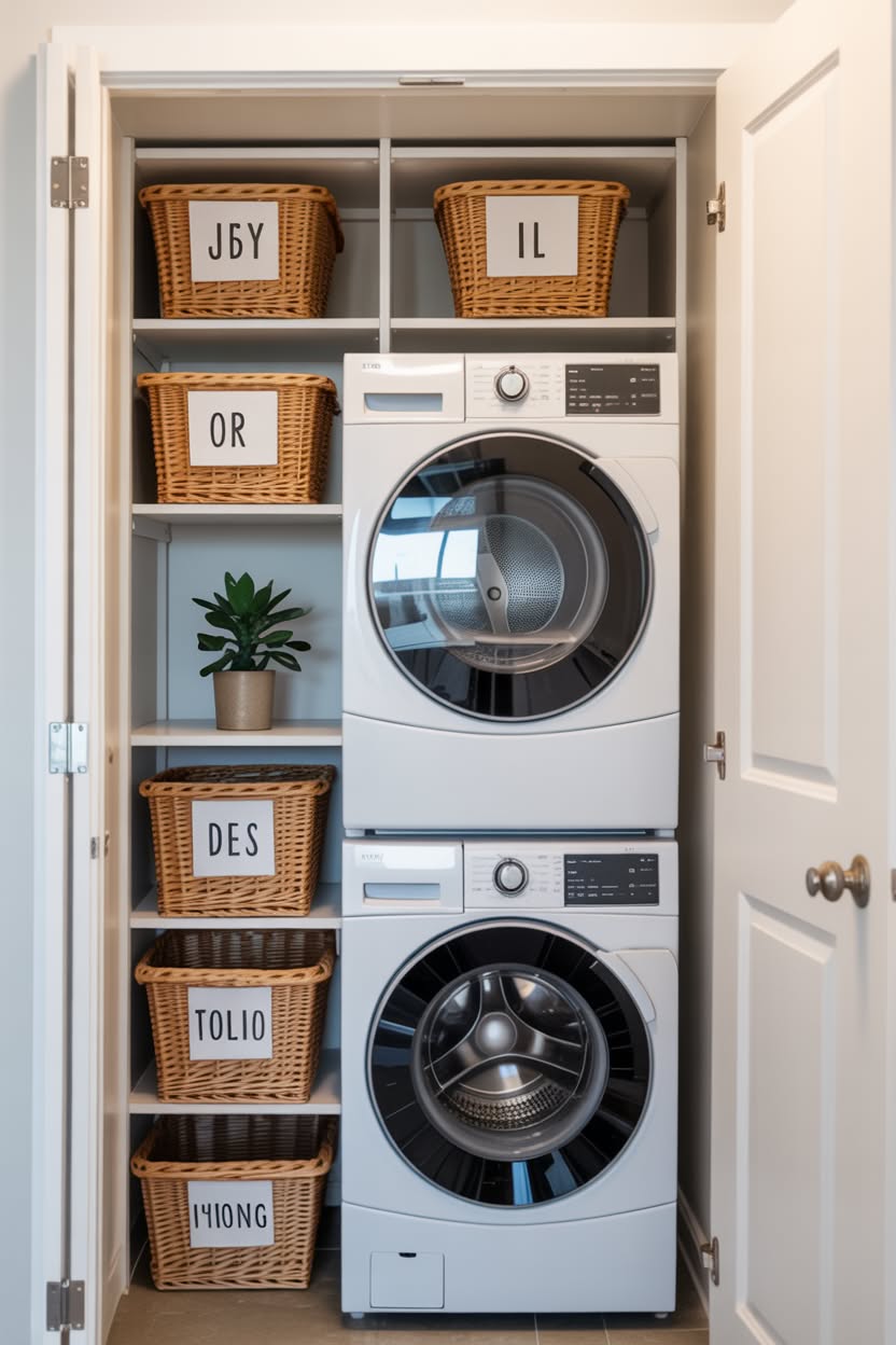 Stacked washer dryer in closet with labeled wicker baskets and organized shelving