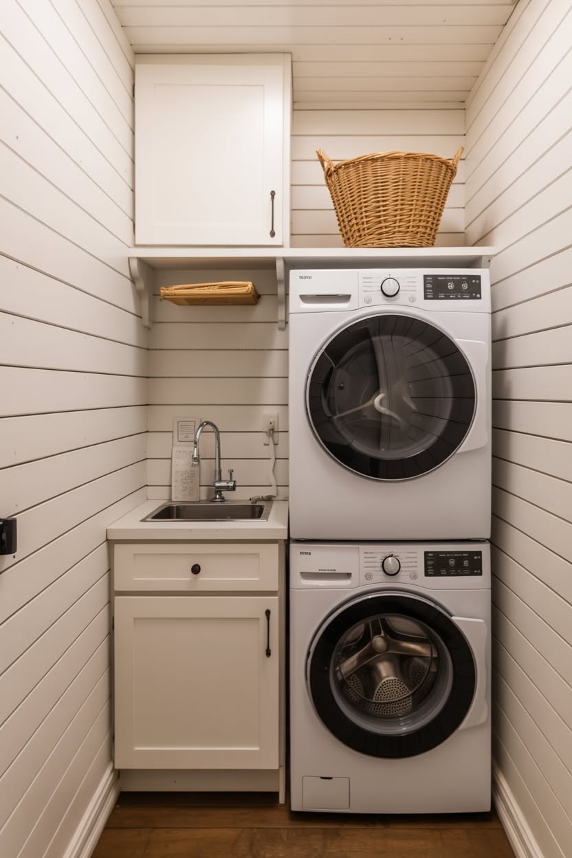 Compact laundry closet with pegboard wall and organized basket storage