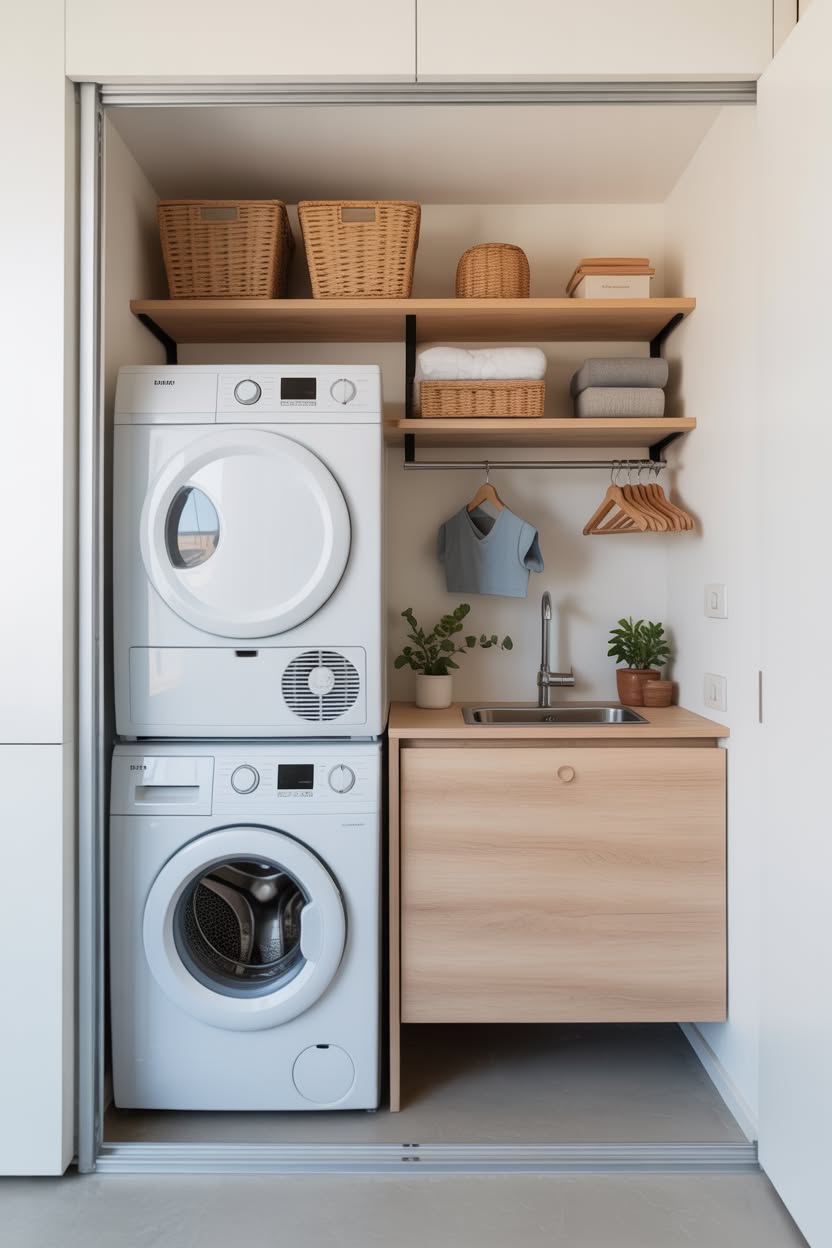 Farmhouse laundry closet with white shiplap walls and wicker basket storage