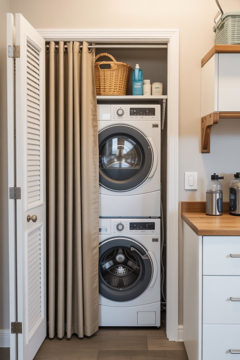 Scandinavian style laundry closet with light wood shelves and natural baskets