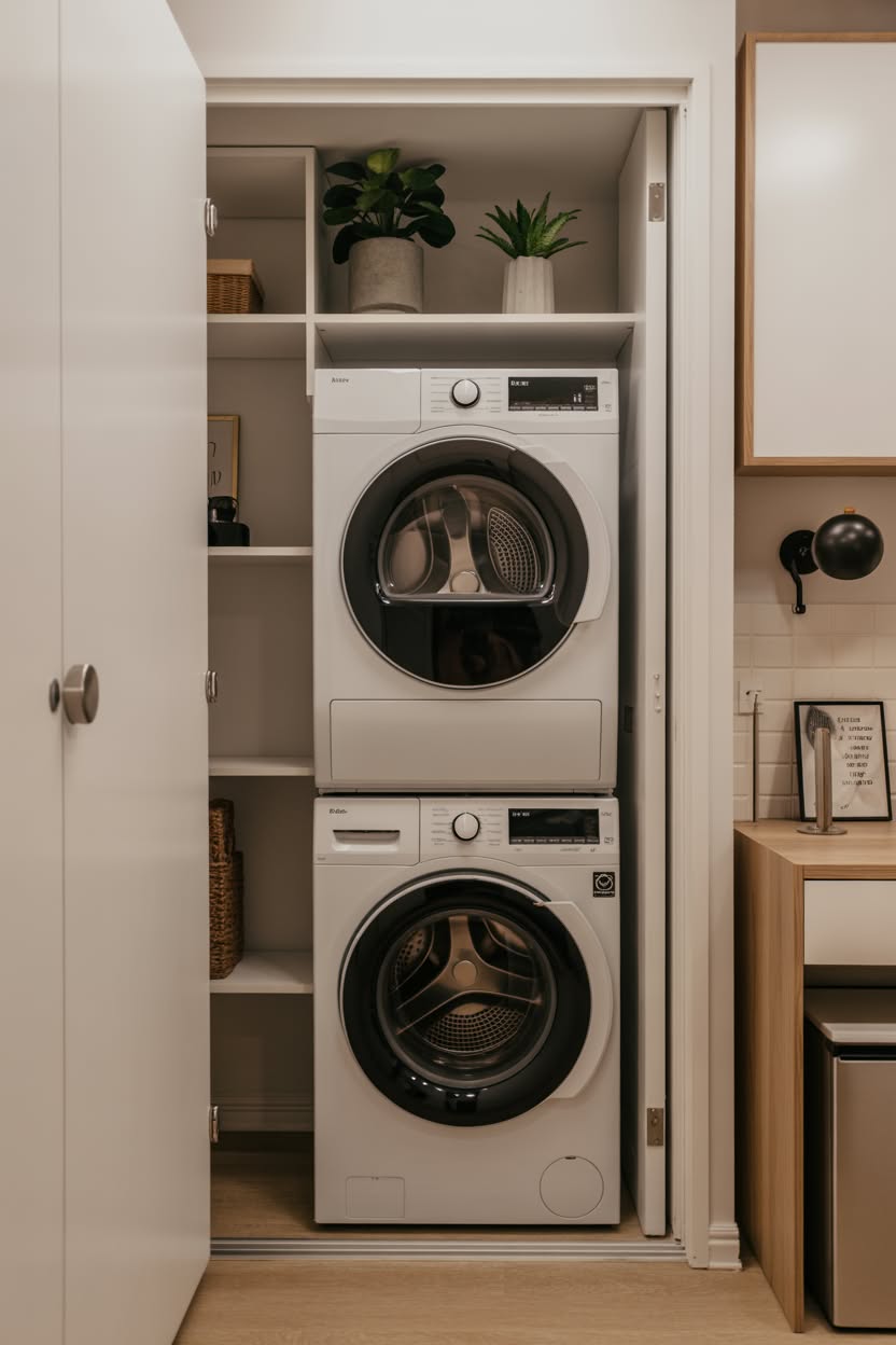 Laundry area hidden behind curtain with louvered doors and basket storage