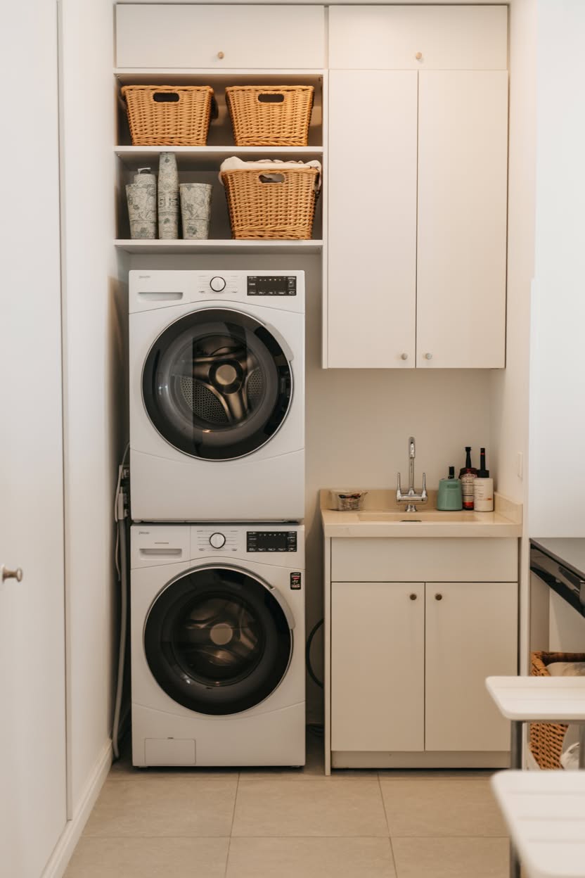 Modern laundry closet with white pocket door and organized shelving system
