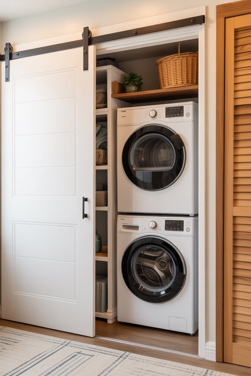 Laundry closet with white barn door and warm wood shelving accents