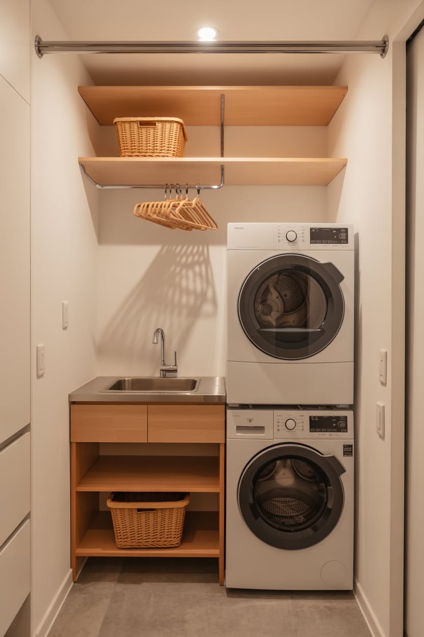 Walk-in closet with integrated stacked laundry and hanging clothes storage