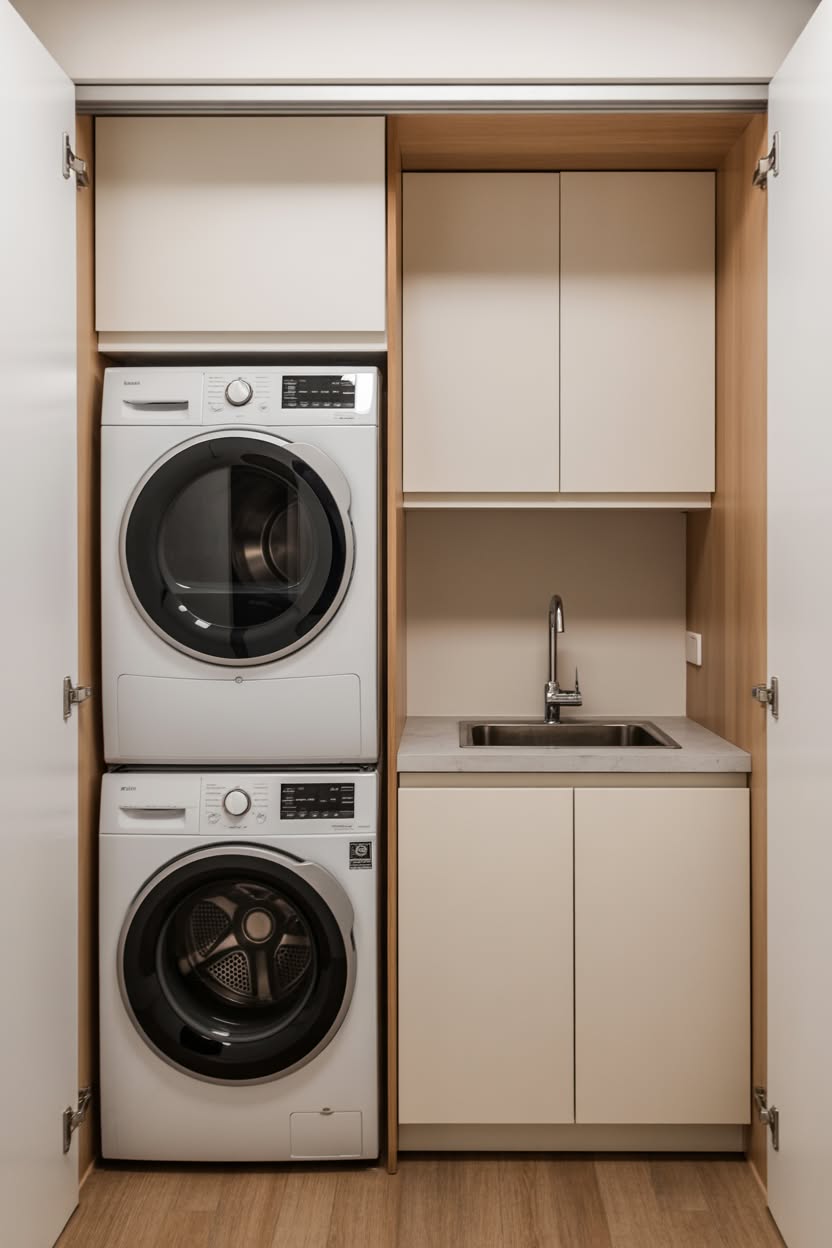 Modern built-in laundry closet with stacked machines and integrated sink