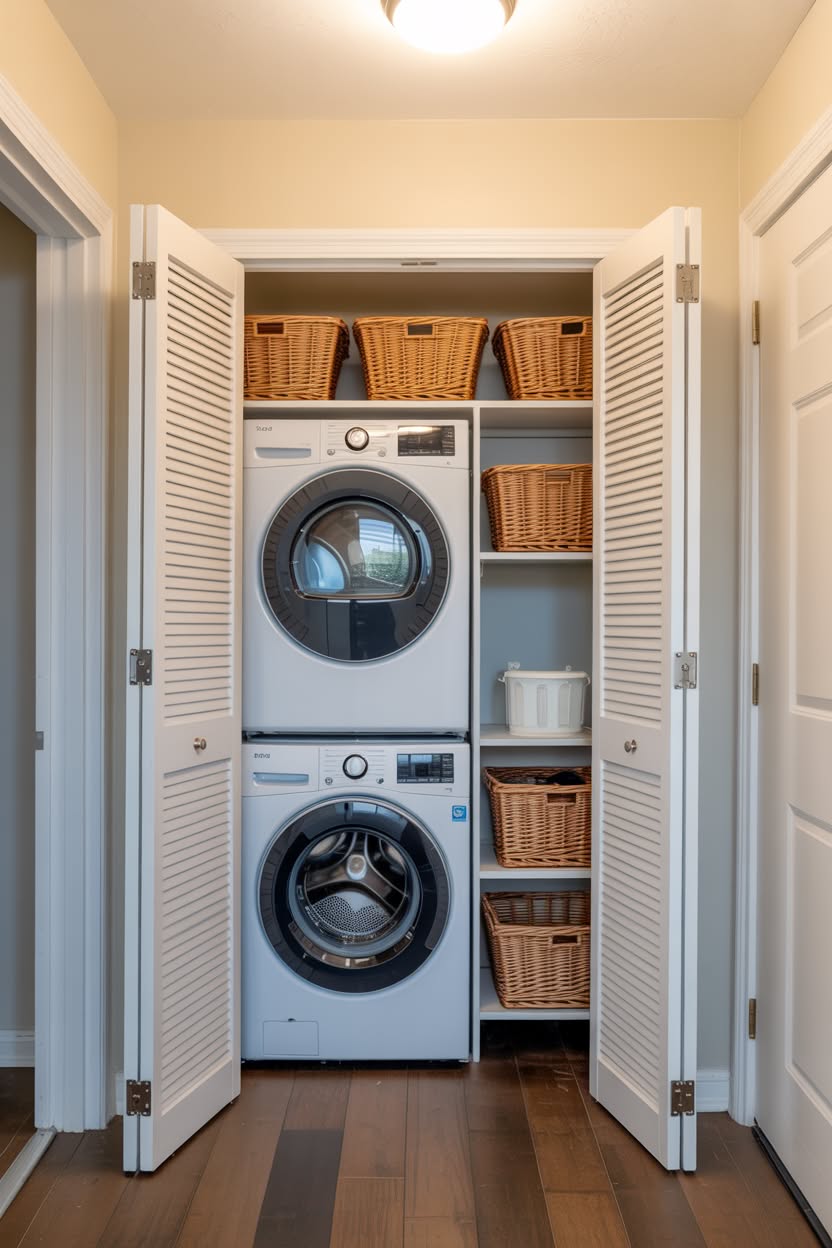 Hallway laundry closet with white louvered bifold doors and organized storage