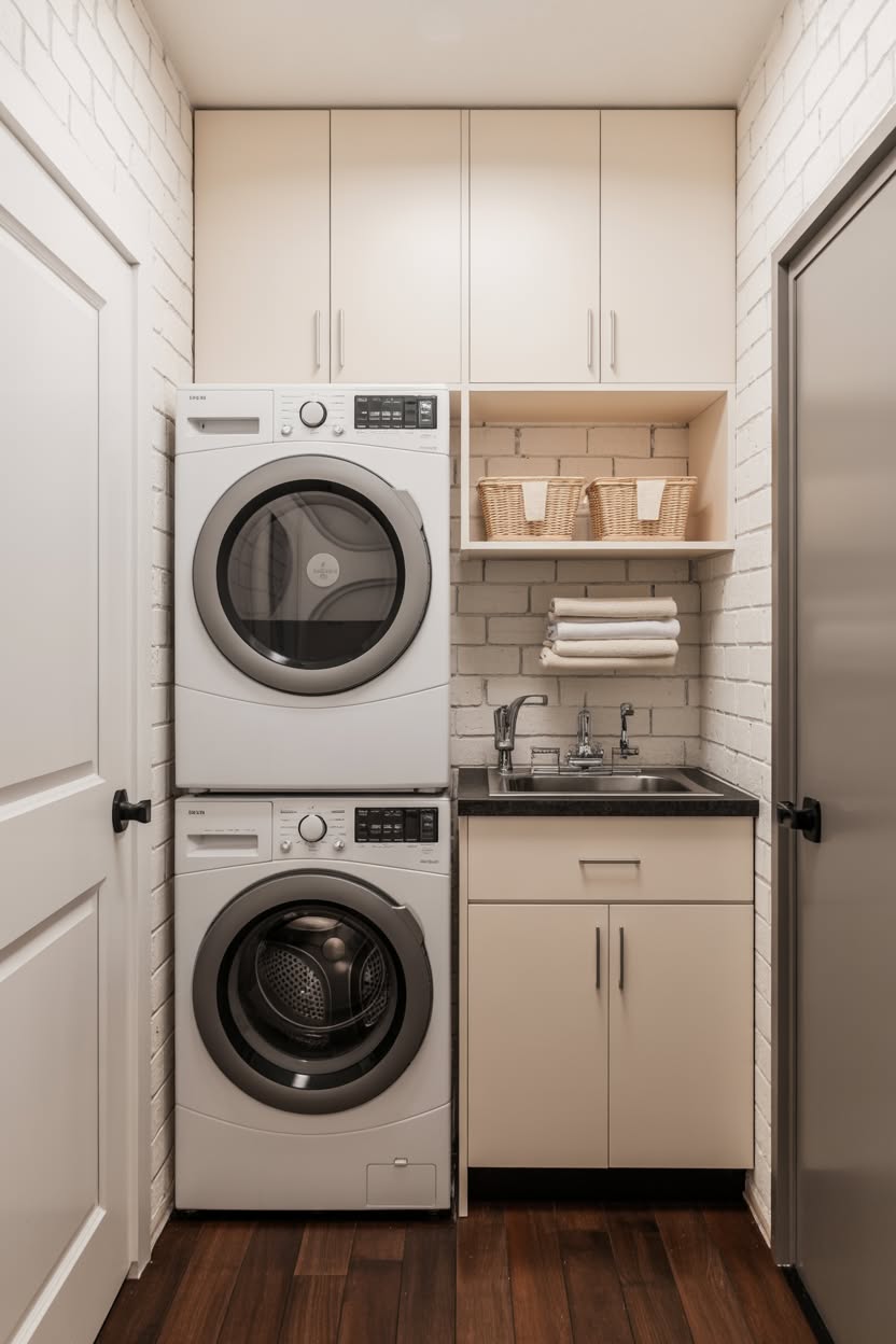 Upscale laundry closet with white subway tile backsplash and organized storage