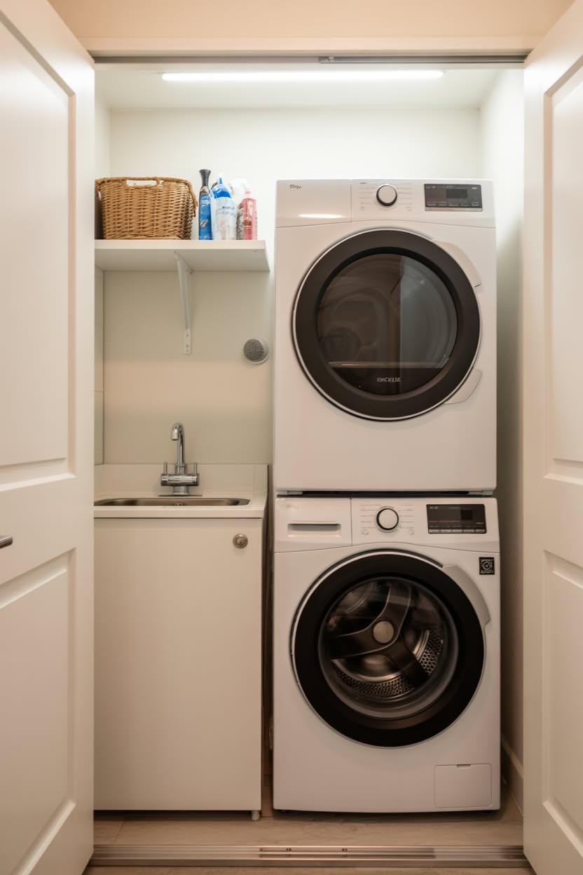 Bright white laundry alcove with pocket doors and natural lighting