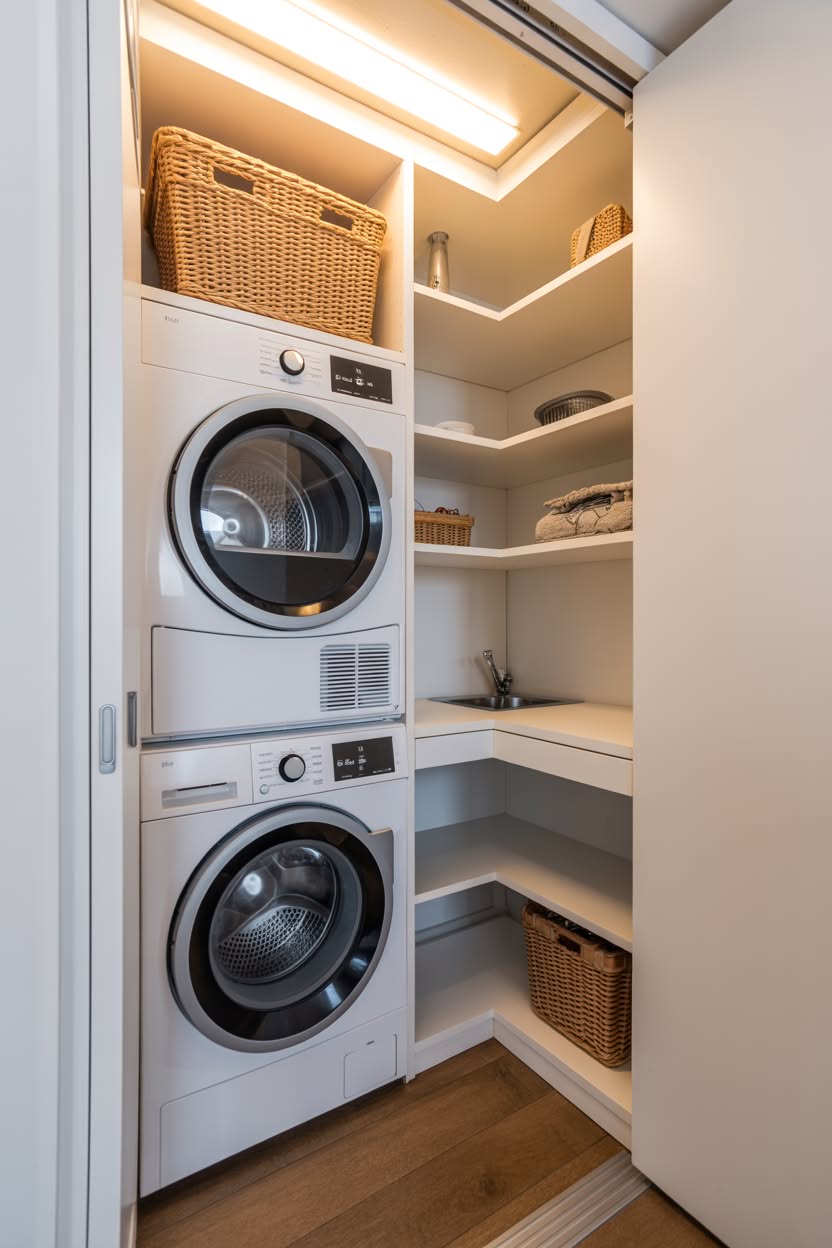 Corner laundry setup with stacked machines and L-shaped shelving with baskets