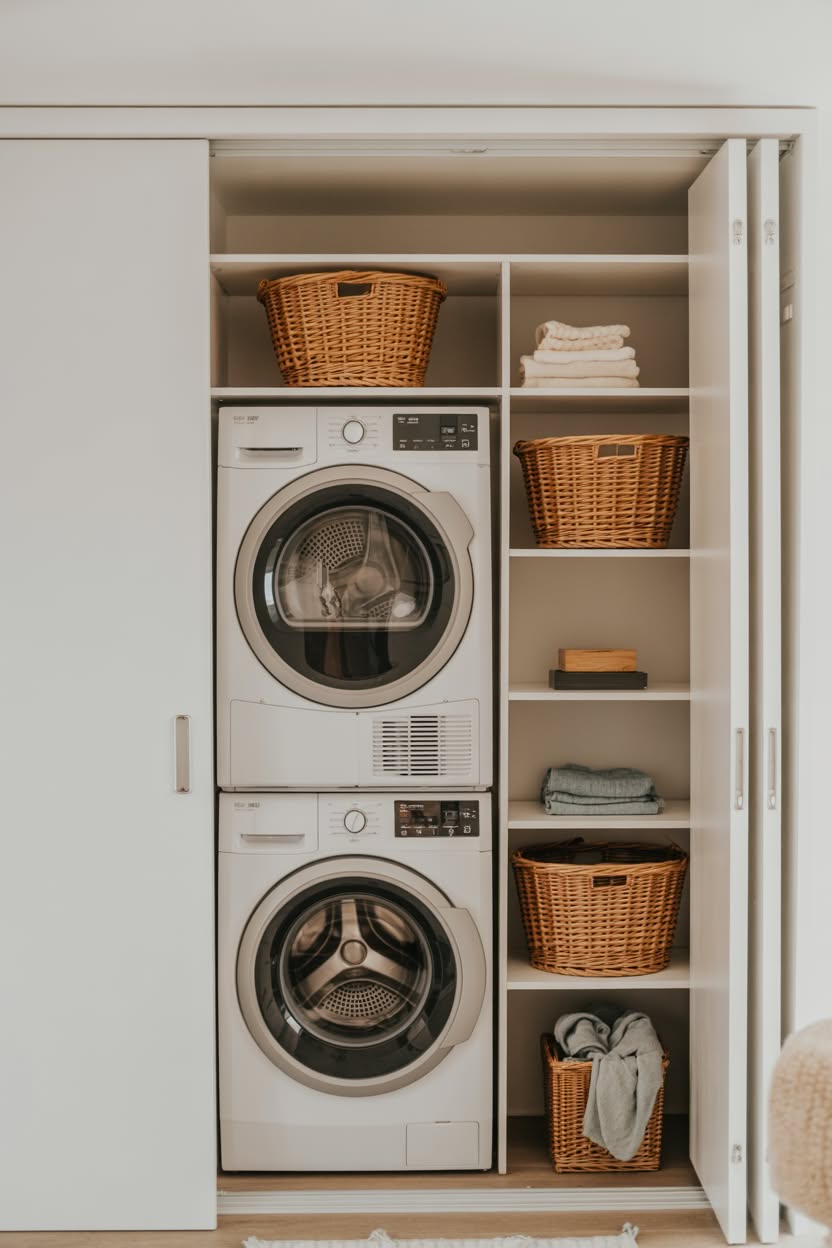 Concealed laundry closet with sliding door revealing stacked machines and side shelving